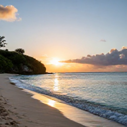 Caribbean Holidays, Antigua Wellness, Quiet Antigua beach at sunrise in October, calm turquoise water, soft golden light and a relaxed wellness holiday atmosphere