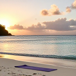 Caribbean Holidays, Antigua Wellness, Quiet Antigua beach at sunrise with a yoga mat, calm turquoise sea and soft golden light