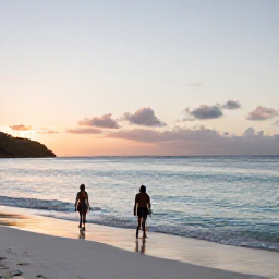 Caribbean Holidays, Antigua Wellness, Quiet Caribbean beach in Antigua at sunrise, calm turquoise water, soft sand and a couple walking beside the sea