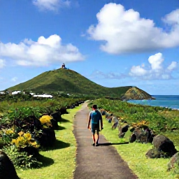 Caribbean Holidays, Antigua Wellness, Quiet coastal walking trail in Antigua with low green hills, sea views and a traveller enjoying a peaceful nature walk