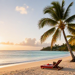 Caribbean Holidays, Antigua Wellness, Quiet tropical beach in Antigua at sunrise, calm turquoise sea, palm trees and a peaceful wellness holiday atmosphere