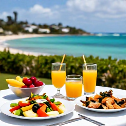 Caribbean Holidays, Antigua Wellness, Relaxed outdoor lunch with fresh Caribbean fruit, colourful salad and seafood overlooking an Antigua bay