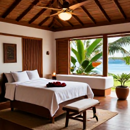 Caribbean Holidays, Antigua Wellness, Relaxing spa treatment in a stylish Caribbean spa in Antigua, natural wood, tropical plants, candles and soft daylight
