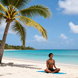 Caribbean Holidays, Antigua Wellness Retreats, Outdoor wellness scene in Antigua with a traveller practising yoga on a quiet beach, palm trees and clear Caribbean sea