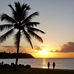 Caribbean Holidays, Antigua Wellness Retreats, Peaceful sunset over a Caribbean bay in Antigua, silhouettes of palm trees, warm sky and a couple walking along the shore
