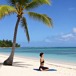 Caribbean Holidays, Antigua Wellness, Traveller practising yoga on a quiet Antigua beach with palm trees, pale sand and calm blue water