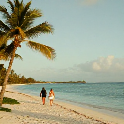 Caribbean Holidays, April Adults Only, A couple walking along a quiet Caribbean beach in April, with soft golden light, calm turquoise water and palm trees