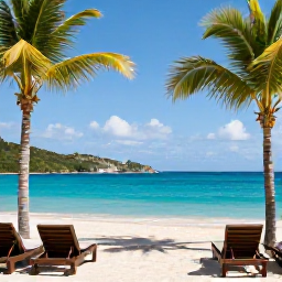 Caribbean Holidays, April Adults Only, A relaxed adults-only resort overlooking a bright turquoise Caribbean bay in St Thomas, United States Virgin Islands, with sun loungers and palms