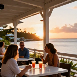 Caribbean Holidays, April Adults Only, Adults enjoying a sunset cocktail on a stylish open-air terrace overlooking Charlotte Amalie harbour in St Thomas