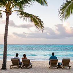 Caribbean Holidays, April Adults Only, Adults relaxing beside a turquoise Caribbean sea at a quiet resort in April, with palm trees, sun loungers and soft morning light