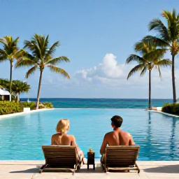 Caribbean Holidays, April Adults Only, Adults relaxing beside an infinity pool at a peaceful Caribbean resort, with palm trees and ocean views