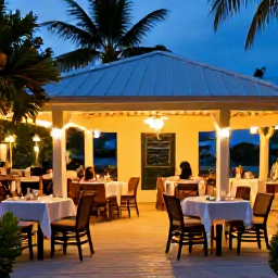 Caribbean Holidays, April Adults Only, An atmospheric evening dining scene in Grand Case or Philipsburg, with outdoor tables, local food and warm Caribbean lights