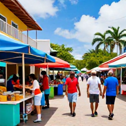Caribbean Holidays, April Adults Only, Colourful Caribbean market street in April with local food stalls, smiling residents and visitors exploring an island town
