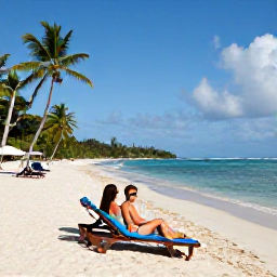 Caribbean Holidays, April Adults Only, Couple relaxing on a quiet sandy beach in Tobago, with gently lapping turquoise sea, sun loungers and palm trees