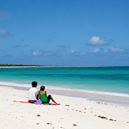Caribbean Holidays, April Adults Only, Couple relaxing on a quiet white-sand beach in Turks and Caicos beneath a clear blue April sky