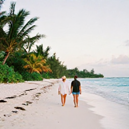 Caribbean Holidays, April Adults Only, Couple walking along a quiet white-sand beach on St John in April, Caribbean sea, tropical greenery and soft afternoon sunlight