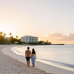 Caribbean Holidays, April Adults Only, Couple walking along a white sandy beach in Barbados at sunset, with calm water and an elegant adults-only resort in the distance