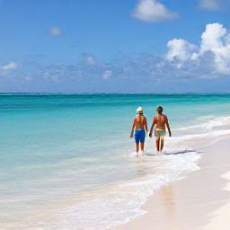 Caribbean Holidays, April Adults Only, Couple walking through shallow turquoise water at Grace Bay Beach, Turks and Caicos, on a sunny day