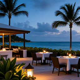 Caribbean Holidays, April Adults Only, Elegant adults-only Caribbean resort restaurant at dusk, with outdoor tables, lanterns, tropical plants and a view of the sea