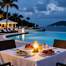 Caribbean Holidays, April Adults Only, Elegant adults-only Caribbean resort restaurant serving fresh seafood at an outdoor table beside a softly lit pool in the United States Virgin Islands
