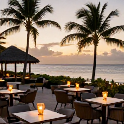 Caribbean Holidays, April Adults Only, Elegant adults-only resort terrace at sunset in Trinidad and Tobago, with cocktails, soft lighting, palm trees and a calm Caribbean sea