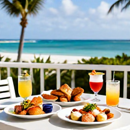 Caribbean Holidays, April Adults Only, Outdoor table with fresh Caribbean seafood and cocktails at a relaxed Turks and Caicos restaurant