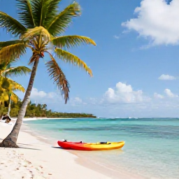 Caribbean Holidays, April Adventure Holidays, A bright Caribbean beach in April with calm turquoise water, palm trees and a small kayak near the shore
