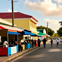 Caribbean Holidays, April Adventure Holidays, A colourful Caribbean town street with local market stalls, musicians and visitors exploring in warm afternoon sunlight