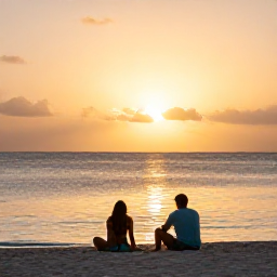 Caribbean Holidays, April Adventure Holidays, A couple relaxing on a Caribbean beach at sunset after an active day, with soft golden light and calm sea