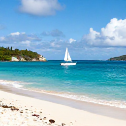 Caribbean Holidays, April Adventures, A bright April morning on a sandy beach in St Thomas, United States Virgin Islands, with turquoise water and a small sailing boat offshore