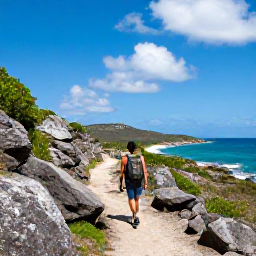 Caribbean Holidays, April Adventures, A hiker walking along a rugged coastal trail above a beach on Saint Barth&eacute;lemy under a bright blue sky