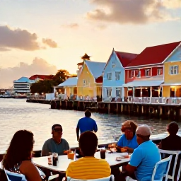 Caribbean Holidays, April Adventures, A lively evening in Philipsburg, Sint Maarten, with visitors enjoying waterfront restaurants, colourful buildings and a warm sunset over the harbour