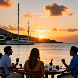 Caribbean Holidays, April Adventures, A relaxed outdoor lunch and sunset view in Gustavia, Saint Barth&eacute;lemy, with harbour boats and warm evening light