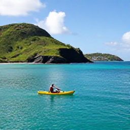 Caribbean Holidays, April Adventures, A sea kayak gliding along the turquoise coastline of Saint Martin on a bright April morning, with green hills and rocky coves in the background