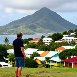 Caribbean Holidays, April Adventures, Friendly local guide leading visitors through a colourful Saint Vincent village and coastal landscape, with Caribbean homes, palms and mountains