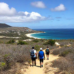 Caribbean Holidays, April Adventures, Hikers walking a scenic trail through dry tropical vegetation above the coastline of Saint Martin, with sweeping views of beaches and blue sea in April