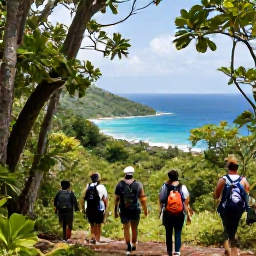 Caribbean Holidays, April Adventures, Hikers walking along a forest trail overlooking the Caribbean Sea in Virgin Islands National Park, St John