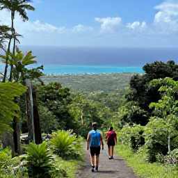 Caribbean Holidays, April Adventures, Hikers walking through green forest on Mount Liamuiga with views towards the Caribbean coastline