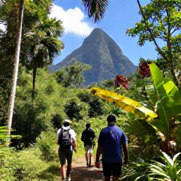 Caribbean Holidays, April Adventures, Hikers walking through lush rainforest on Saint Vincent towards La Soufri&egrave;re, with tropical plants, mountain scenery and a clear April sky