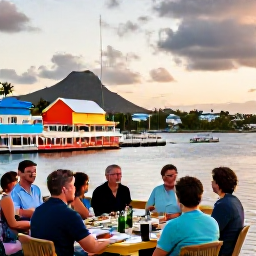 Caribbean Holidays, April Adventures, Travellers enjoying a relaxed outdoor dinner beside a colourful harbour in the United States Virgin Islands at sunset