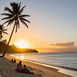 Caribbean Holidays, April Adventures, Travellers relaxing at a golden beach at sunset on Nevis, with calm Caribbean water and palm trees