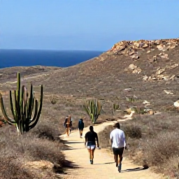 Caribbean Holidays, April Adventures, Visitors hiking through Cura&ccedil;ao's dry landscape with cacti, rocky hills and views towards the Caribbean Sea
