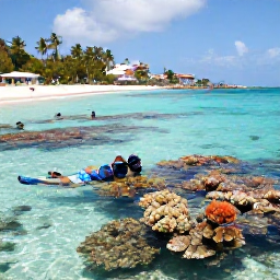 Caribbean Holidays, April Adventures, Visitors snorkelling in clear shallow water above a colourful coral reef near Saint Martin, with a sandy beach and palm trees in the background