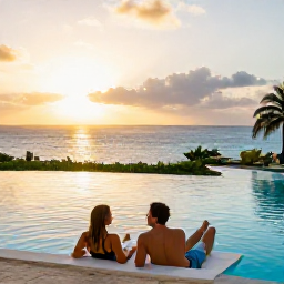 Caribbean Holidays, April All Inclusive, A couple relaxing at sunset beside an all-inclusive Caribbean resort pool overlooking the sea on Saint Martin and Sint Maarten