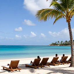 Caribbean Holidays, April All Inclusive, A relaxed all-inclusive beachfront resort on Saint Martin or Sint Maarten, with sun loungers, palm trees and guests enjoying a calm blue sea