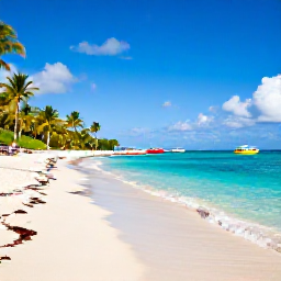 Caribbean Holidays, April All Inclusive, A scenic Caribbean beach on Saint Martin with clear turquoise water, white sand, palm trees and a few colourful boats in the distance