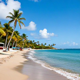 Caribbean Holidays, April All-Inclusive, A sunny Caribbean beach on Saint Vincent with calm turquoise water, palm trees and a relaxed all-inclusive holiday atmosphere
