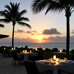 Caribbean Holidays, April All Inclusive, Caribbean sunset viewed from a beachfront restaurant, with tables set for dinner, warm light and palm silhouettes