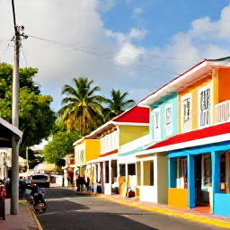 Caribbean Holidays, April All-Inclusive, Colourful Basseterre street in Saint Kitts with colonial buildings, local shops, tropical greenery and visitors exploring in warm April sunshine