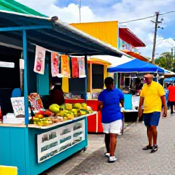 Caribbean Holidays, April All Inclusive, Colourful Caribbean market street in April with local food stalls, tropical fruit, crafts and friendly island atmosphere